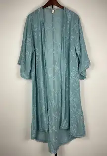 Forever 21 Blue Floral Long Embroidered Sheer Open Front Duster Kimono