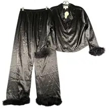 Audrey Parks Francescas Pajama Set Womens Medium Black Satin 2 Piece Pajamas NWT