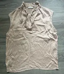Sandro Paris Beige Cream Tie Neck Sleeveless 100% Silk Blouse Size 3 L Career