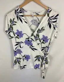 14th & Union White Purple Black Floral Wrap Tie Front Top Size Small
