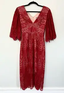 Red Mia Angel Sleeve Lace Sheath Midi Dress NWOT