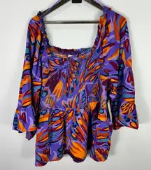 Terra & Sky Top 2X Purple Smocked Boho Bell Sleeve Dopamine Dressing Festival