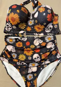 Floral Skull Print Swimsuit Fall Halloween large top/ medium bottom