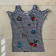 Derhy Striped Tee with Patchwork NWOT Sz M