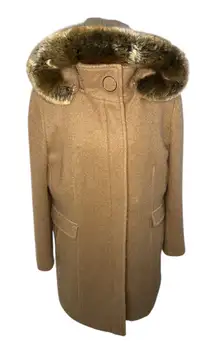 Calvin Klein Wool Blend Hooded Coat Faux Fur Trim Tan Womens Winter Jacket XL