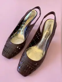 Antonio Melani Brown Leather Laser Cut Square Toe Sling Kitten Heels