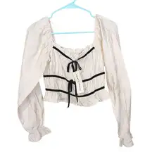 Thirty Thirty LA Size Small S White Black Bow Long Sleeve Crop Top Blouse NEW