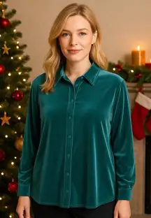 Soft Surroundings Teal Velvet Boyfriend Tunic Shirt Boho Artsy Cozy Holiday L