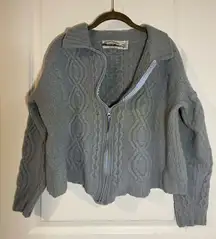 Aran Crafts Merino Wool Full Zip Fisherman Cable Knit Blue Sweater Jacket Sz L