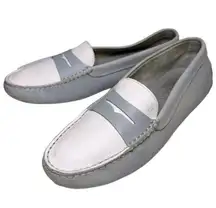 Tod’s Women’s Size 38.5 7.5 Blue White Pebbled Leather Nub Bottom Penny Loafers