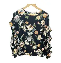 Ava & Viv Women Blouse/ Top Florals Ruffle Sleeve Sz 1X Black/Orange Multicolor