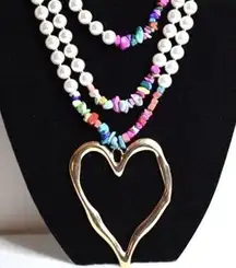 Boho Funky Statement Heart Gold Tone Colorful Stacked Stone Faux Pearl Necklace