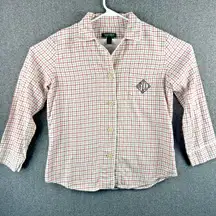 Lauren Ralph Lauren Women's Medium 100% Cotton Plaid Monogram Pajama Top Flannel