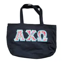 Alpha Chai Omega Tote Bag Black Embroidered Floral Logo Initials Pockets 16"x10"