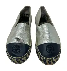 Tory Burch Silver Metallic‎ Monogram Logo Leather Cap Toe Espadrilles Size 8.5