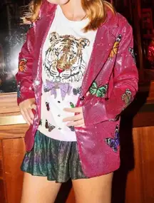 Queen of Sparkles Butterfly Pink Sequin Blazer Size XS