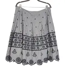 Talbots Black Embroidered Full Skirt Size 14W Black Striped Cotton Skirt