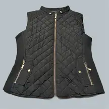 Womens Vest Puffer Black Gold Accents sleeveless medium stylish zipper pockets