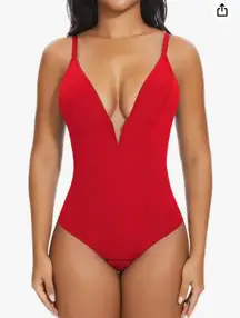Women's Deep V Neck Bodysuit Double Lined Plunge Tummy Control Shapewear Thong Body Suits