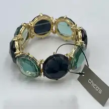 Chico's Green and Gold Statement Bracelet with Linked Gemstones
