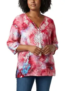 Artisan NY Medium Tunic Top Handmade Tie Dye Embroidered V Neck Boho Tassels 401