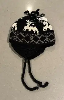 Crown Cap Winter Hat Black White Reindeer Fair Isle Earmuff Tassel Knit