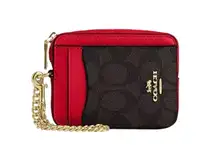 NWT  Zip Card Case In Signature Canvas Walnut/Bold Red