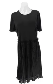 ZARA  Black Short Sleeve Flowy Pleated Round Neck Ruffle Midi T Shirt Dress Sz L