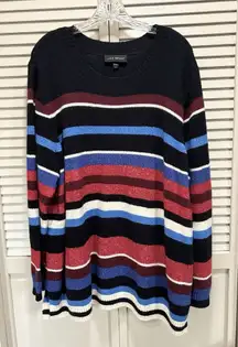 Lane Bryant Crew Black/Blue/Burg Striped Sweater Long Sleeve Size 22/24 Ribbed‎