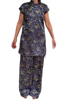 HANDMADE Lounge Pajamas Blue Asian Dragon Print Tunic Wide Legged Pants