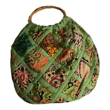 Vintage Handmade quilted patchwork hobo bag rattan handle water resistant lining