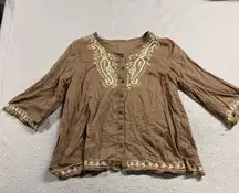 Burette Club Brown Embriodered Neckline & Sleeve Cottagecore Boho Button Blouse