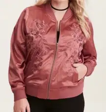 Torrid Satin Zip Bomber Jacket Embroidered‎ Floral Rose Pink Boho Plus Size 1X