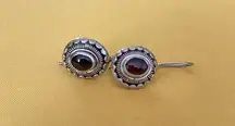 Fancy Sterling Silver Earrings Garnet Oval Dangle Earrings.