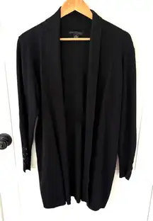 Joan Vass Dressy Long Open Cardigan Tie Cuffs Ribbed Detail at Waist. Size XL.