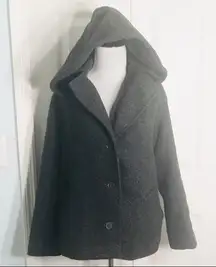Express Hooded Dark Charcoal Grey Button Up Wool Coat Size 3/4 Small