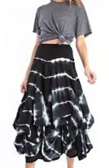 Solitaire Women's Black Tie Dyed Boho Bubble Pick up Maxi Skirt Size Small
