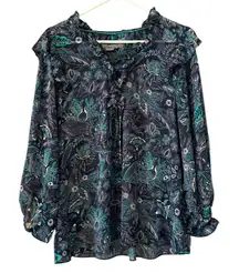 Anthropologie Maeve Floral‎ Button Up Blouse Boho Size L Pleated Ruffles Peasant