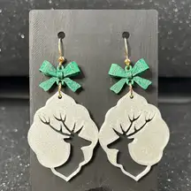 🦌 Reindeer Earrings with Green Bow & Gold Accents 💚