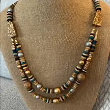 Casual Corner Gold and Blues Wooden Beaded Double Strand Necklace