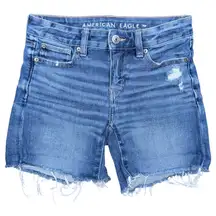 American Eagle The Dream Midi Jean Shorts Size 0 Distressed Frayed Hem Stretch
