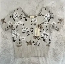 Elie Tahari Short Sleeve  Cream Floral Sweater Size S /P