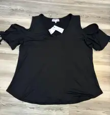 , NWT, size 1X, black, vneck, cold shoulder, short sleeves with ties, very soft, pit to pit is 25, length is 25