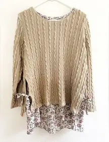 Suzanne Betro Taupe Floral Layered Side Tie Cable Knit Tunic Sweater size Large