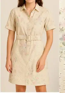 Solitaire X Anthropologie Flora Eyelet Belted Button Front Shirt Dress Boho