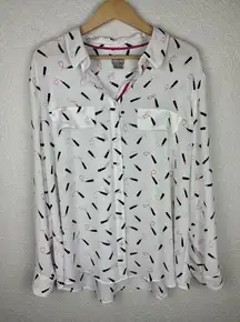 Chico's  Button Up Top Womens Size 3/XL Novelty Lipstick Heart Girly Work Office