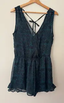 ASTR Medium Teal Black Floral Romper Tank Shorts Party NYE Lined Ruffle