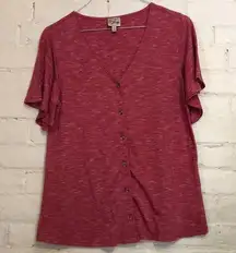 Como Vintage Women's S Red Polyester Rayon Button Down Short Sleeve VNeck Blouse