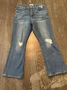 THE KICK CROP Women's Size 27 Blue Distressed Cropped Flare Jeans Zip Fly