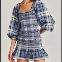 LoveShackFancy Stanley Blue Plaid Smocked Mini Dress Medium
